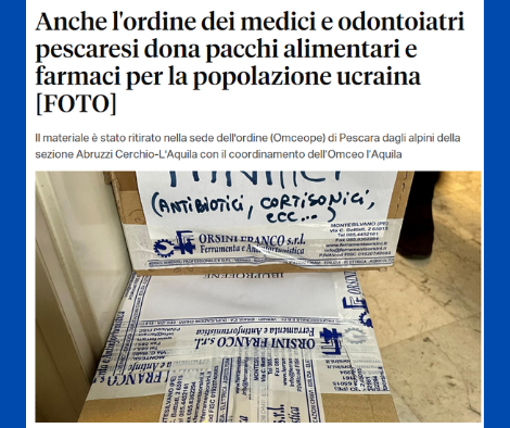 Clicca per accedere all'articolo Anche l'ordine dei medici e odontoiatri pescaresi dona pacchi alimentari e farmaci per la popolazione ucraina